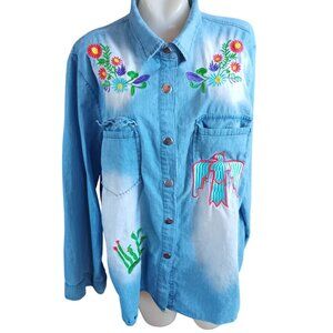 women's Large Granny Shirt Embroidered Denim Floral  Bird Snap Buttons Cottage
